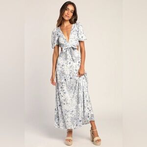 Stroll the Avenues White Floral Print Tie-Front Maxi Dress